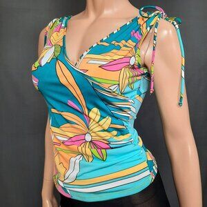 Vintage 90s Y2K Groovy Mod Floral Sleeveless Top shoulder Ties V Neck Size S